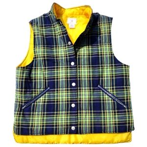 Susan Bristol plaid quilted vest Snap front. Two zipper pockets yellow navy